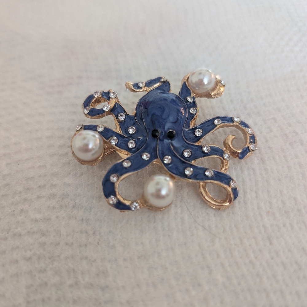 Blue and Gold Octopus Brooch with Pearls - Picture 4 of 4
